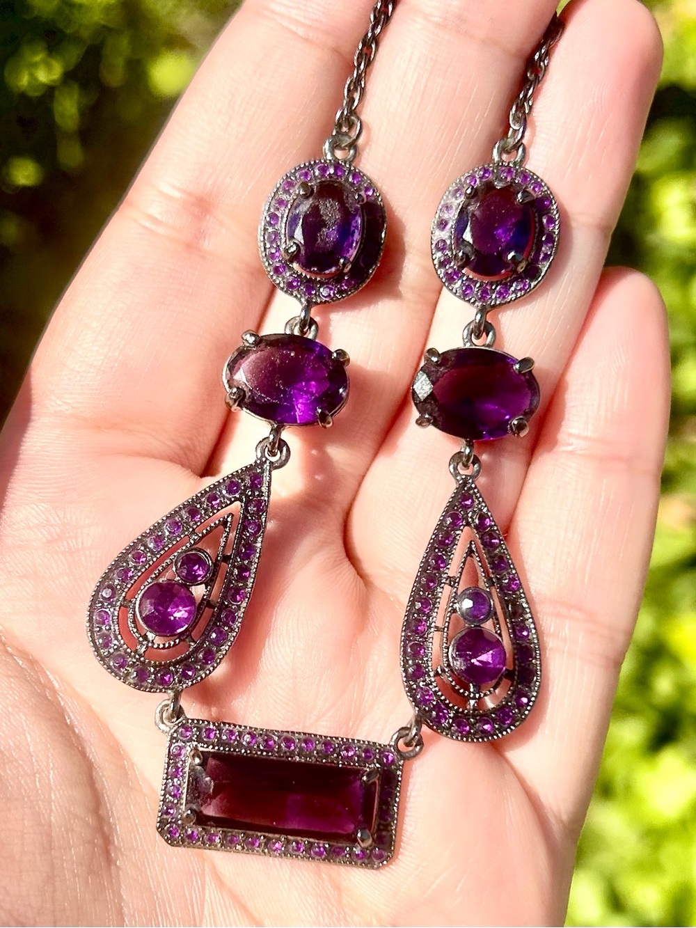 Gothic Amethyst Purple Statement Necklace | Teardrop Filigree & Halo Jewels